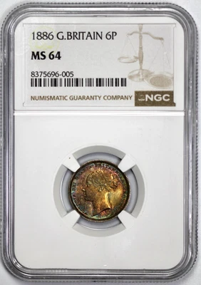 1886 Grã-Bretanha prata 6P Sixpence NGC MS 64 tonificação tecnicolor - Imagem 1 de 4