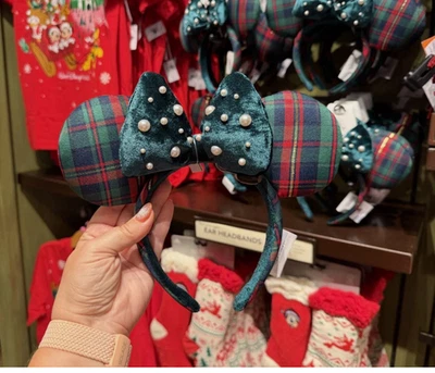 Cerchietto Orecchio Disney Parks 2025 Natale Topolino e Minnie Plaid Perline Nuovo - Immagine 1 di 3