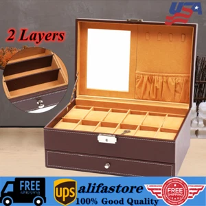 2-Layer Jewelry Watch Box Men Women Glasses Holder Leather Box Lockable USA - Picture 1 of 7