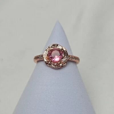 Fragrant Jewels - Rose Gold Tone Flower Ring Pink Stone with White Accents, Sz 7 - Image 1 of 4