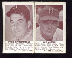 1941 Double Play Baseball Card HIGH #'s 143 & 144 Fred Fitzsimmons & Joe Vosmik - Picture 1 of 1