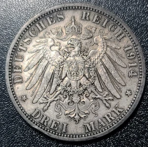 1914 A German State Prussia 3 Marks Silver Coin #DT527 - Picture 1 of 4