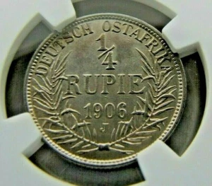 German East Africa KM8 Quarter Rupie 1906-J NGC AU details.  Rare date/mint. - Picture 1 of 3