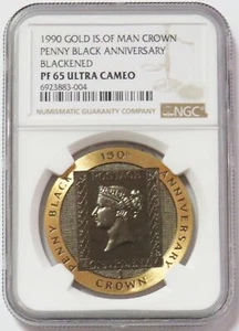 1990 GOLD ISLE OF MAN CROWN 1 OZ PENNY BLACK 1000 MINTED PROOF NGC PF 65 UC - Picture 1 of 2