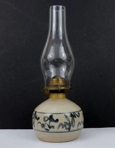 Vintage Stoneware Pottery Oil Lamp w/Globe Gray & Blue 13¾” Tall Signed - Picture 1 of 9