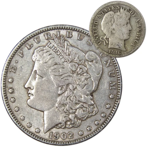 1902 Morgan Dollar XF EF Extremely Fine 90% Silver with 1916 Barber Dime G Good Cover