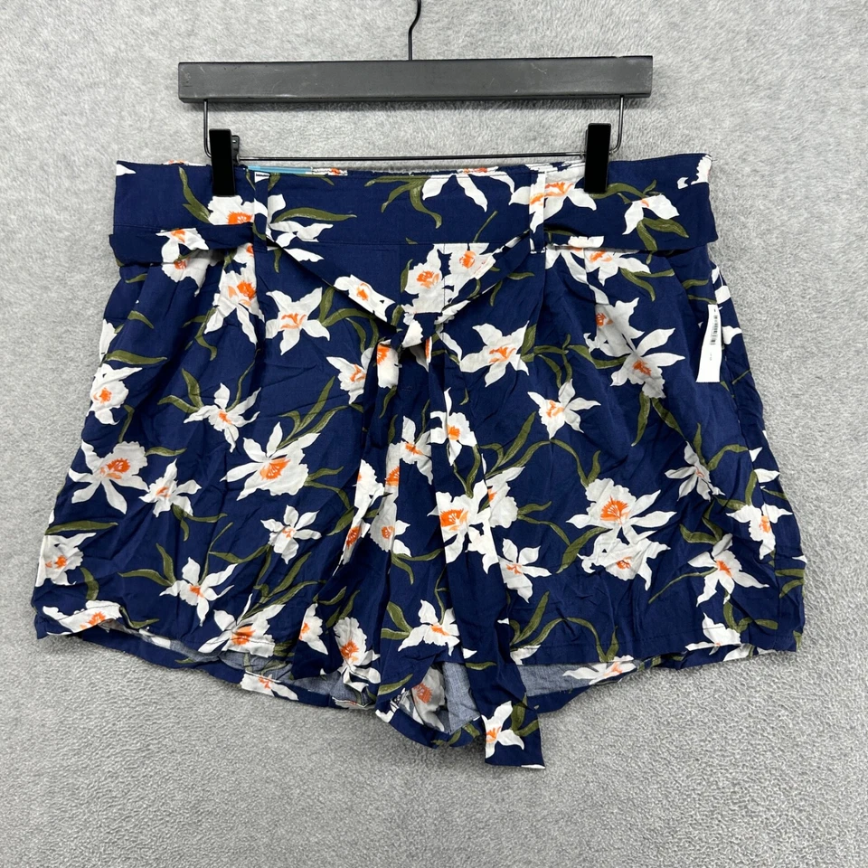 Pantalones Cortos Old Navy Para Mujer Talla Grande Azul Floral Tiro Alto Rayón Corbata Cintura Foto 1 de 4