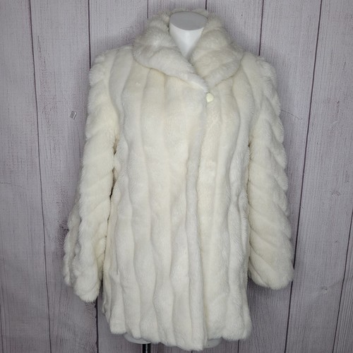 OFF WHITE Cappotto pelliccia sintetica lusso bianco sporco Monterey Fashions vintage anni 80 taglia 14