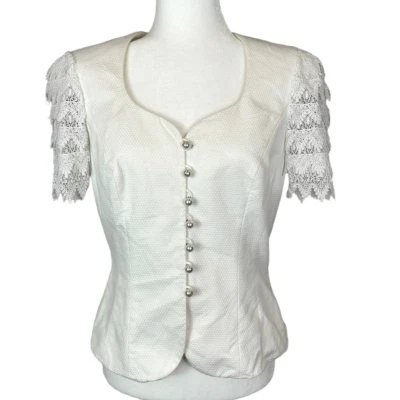 Escada Couture Vintage Pearl Button Structured Corset Blouse Lace Sleeves sz 40 - Image 1 of 4