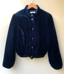 Cue Superb Blue Velvet  Womens Soft Puffy Bomber Jacket Sz 8 - Picture 1 of 10