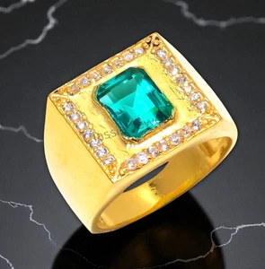 AAA+ Smaragd Edelstein echte Handarbeit 14k Gelbgold sehr stilvoller Herrenring. - Bild 1 von 4