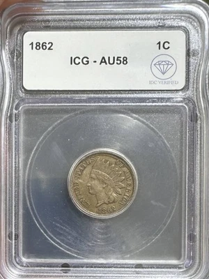 1862 Small Cents Indian Head ICG AU-58 IDC Verified - Image 1 of 2