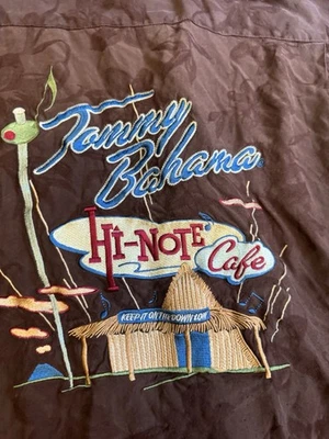 Tommy Bahama XXL Silk Embroidered Camp Shirt Hi-Note Café Tiki Bar Brown￼ - Image 1 of 4