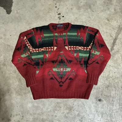 Vtg Polo Ralph Lauren Hand Knit 100% Wool Sweater Medium Mens Heavy Red Green - Image 1 of 4