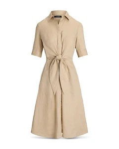 NWT Linen Lauren Ralph Lauren Belted Sand Midi Shirt Dress Sz 14 $185 - Picture 1 of 10