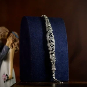 Bracelet Argenté Antique Art Deco Ovale CZ Bleu Vintage 1920s Style SC11 - Foto 1 di 8
