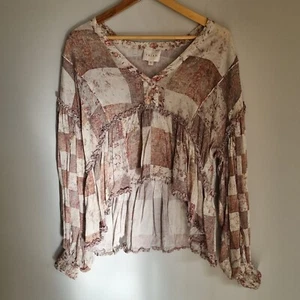 IXIAH Blouse 8 Boho Ruffle Patchwork Long Sleeve Top Earth Girl Mocha Brown hilo - Picture 1 of 15