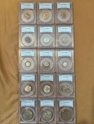 Juego de monedas 1954 graduadas PCGS_ P, D y S_ 15 monedas_ plata_ MS 62- MS65_ ARTÍCULO # 074 Foto 1 de 4