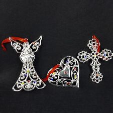 Lenox Silver Plate Sparkle & Scroll Ornament Set 3 Angel Heart Cross w Crystals