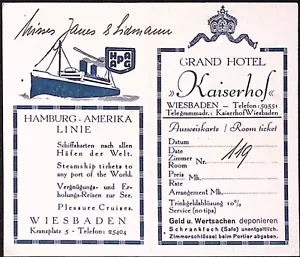 Biglietto assegnazione camera Hamburg America Line x Grand Hotel Kaiserhofe nave a vapore - Foto 1 di 2
