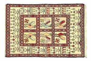 Perser Seidensoumakh Teppich Handgewebt 70x90 Weiß Geometrisch Muster Orient