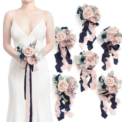 Buquê de dama de honra Ling's Moment flores artificiais rosa empoeirada e azul marinho se... - Imagem 1 de 4