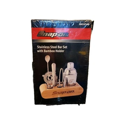 Sealed Snap-on Tools Stainless Steel Bar Set With Bamboo Holder Logo Etched - Image 1 of 4