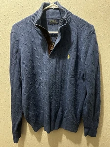 Polo Ralph Lauren 100% Seide Zopfmuster Viertelreißverschluss Pullover Blau Herren M - Bild 1 von 7