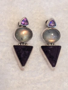 Vintage Sterling Silver Amethyst Dangle Earrings Quartz Geometric Signed - Picture 1 of 8
