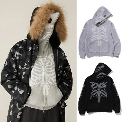 *  A BATHNIG APE Men's SKELETON SHARK HEAVY WASHED CROPPED FIT FULL ZIP HOODIE - Image 1 of 4