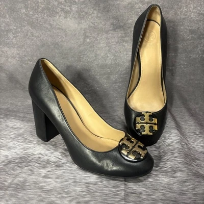 Zapatos de salón Tory Burch Janey talla 9 cuero negro dorado logotipo punta redonda 85 mm clásicos Foto 1 de 4