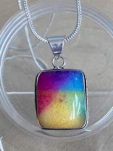 Rechteck Regenbogen Quarz Anhänger Halskette Sterlingsilber 925 vergoldet böhmisch - Bild 1 von 3