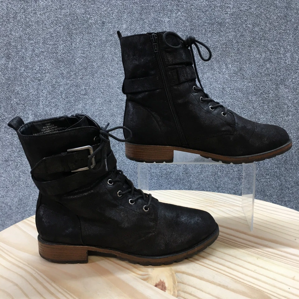 Botas talladas con volantes para mujer 7,5 M Bailey tobillo combate tela negra con cordones cremallera Foto 1 de 4