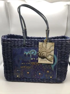 Laurel Burch Cats Straw Handbag Purse Blue Sun’n Sand Boho Embellished As Is - Picture 1 of 10