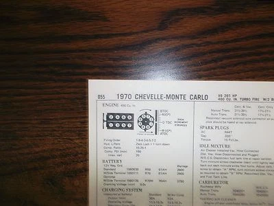 1970 Chevrolet Chevelle & Monte Carlo EIGHT 10.25-1 400 CI V8 2BBL Tune Up Chart - Image 1 of 4
