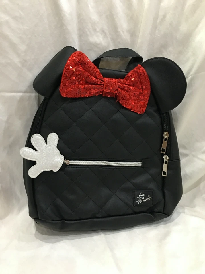 Disney Minnie Mouse Mini Backpack Woman's Black Quilted Ears Red Bow