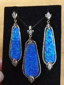 Sterling Silver Gold Vermeil Blue Green Gilson Opal Oblong Earring & Pendant Set - Picture 1 of 12