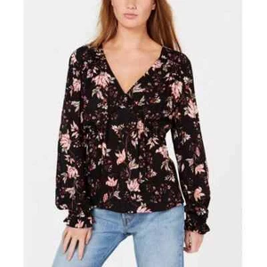American Rag Juniors Printed Ruffled V Neck Top - Black - Size XS - Picture 1 of 7