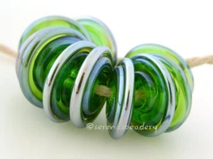 Bright GREEN SILVER LUSTER WAVY DISC * Lampwork Glass Beads TANERES SRA - Picture 1 of 3