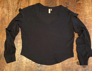 Anthropologie Pilcro Waffle Knit V-Neck Slouchy Ruffle Sleeve Too Small Black - Picture 1 of 5