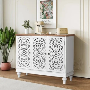 3 Doors Accent Storage Cabinet Sideboard Buffet Distressed Farmhouse Living Room - Picture 1 of 17