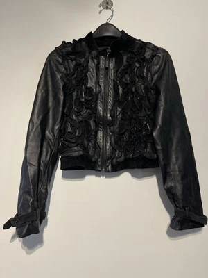 Винтажный Bebe 100% кожи и кружева оборки замши укороченный Moto куртка Sz S - Изображение 1 из 4