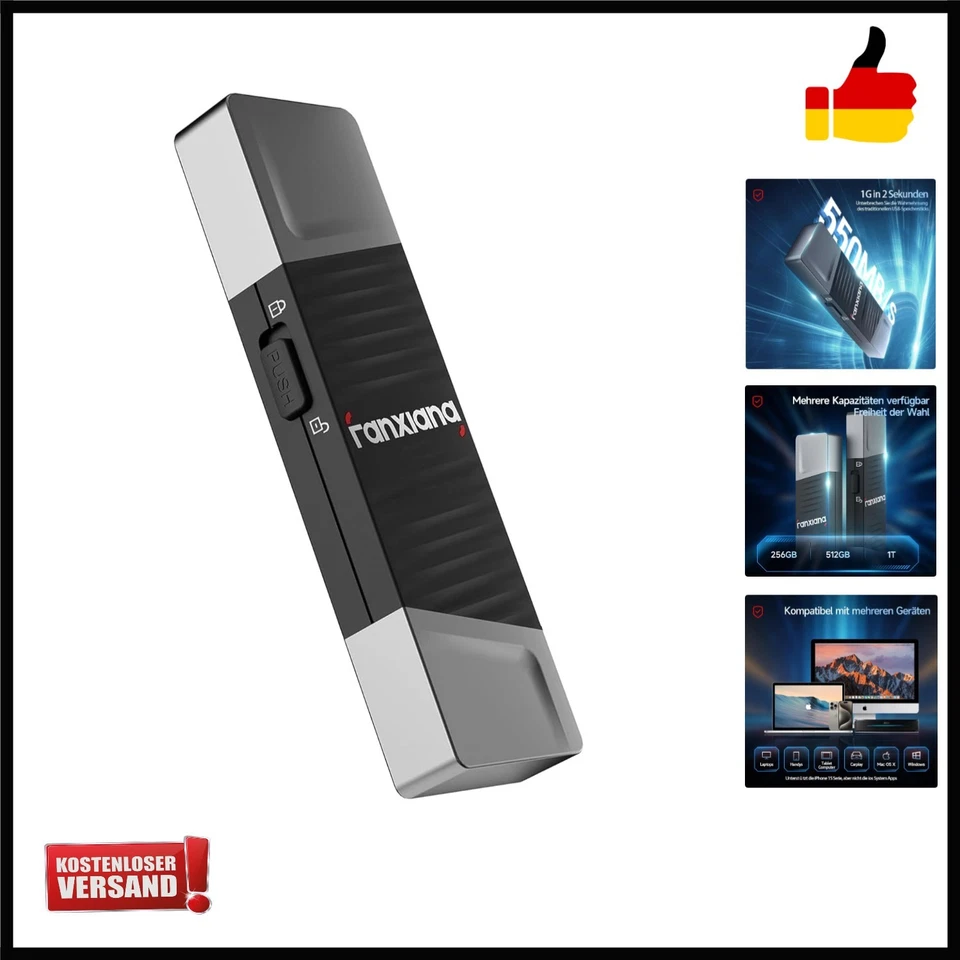 FANXIANG Externe SSD 512GB, mit bis zu 550MB/s, USB 3.2 Gen2 Type C + Type A Dual-Inte...
