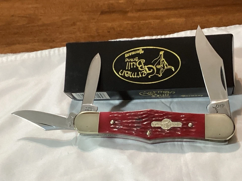German Bull Jumbo Whittler Knife red bone, 5" closed, unused in box - Image 1 of 4