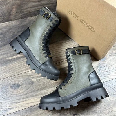 NUEVO EN CAJA Botas de Combate Steve Madden Matriarca Cuero Mixto Medios Oliva Multi 8M Foto 1 de 4
