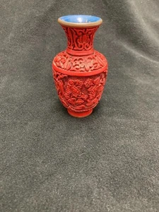 Vintage Chinese Florals Hand Carved Red Cinnabar Vase with Blue Enamel on Copper - Picture 1 of 9