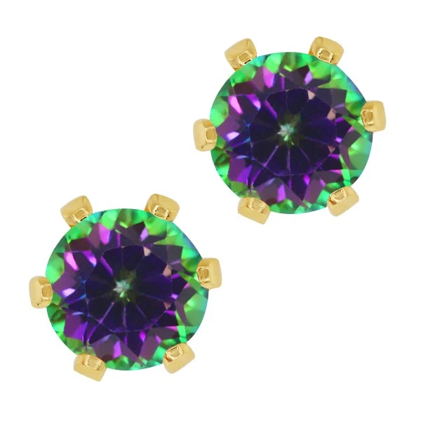 Brincos redondos de topázio místico verde folheados a ouro 6 pinos 2,00 CTTW 6 MM - Imagem 1 de 1