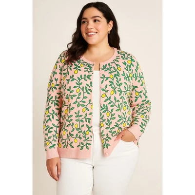 Lands' End SZ XL/18 Pink Cardigan Sweater With Lemons Art To Wear Cotton Plus  - Image 1 of 4