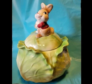 Vintage Metlox Poppytrail Bunny Rabbit On Cabbage Ceramic Cookie Jar - Picture 1 of 19