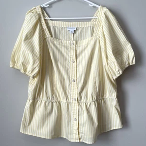 Liz Claiborne Size XXL Women Top Square Neck Short Puff Sleeve Yellow Stripe - Picture 1 of 8